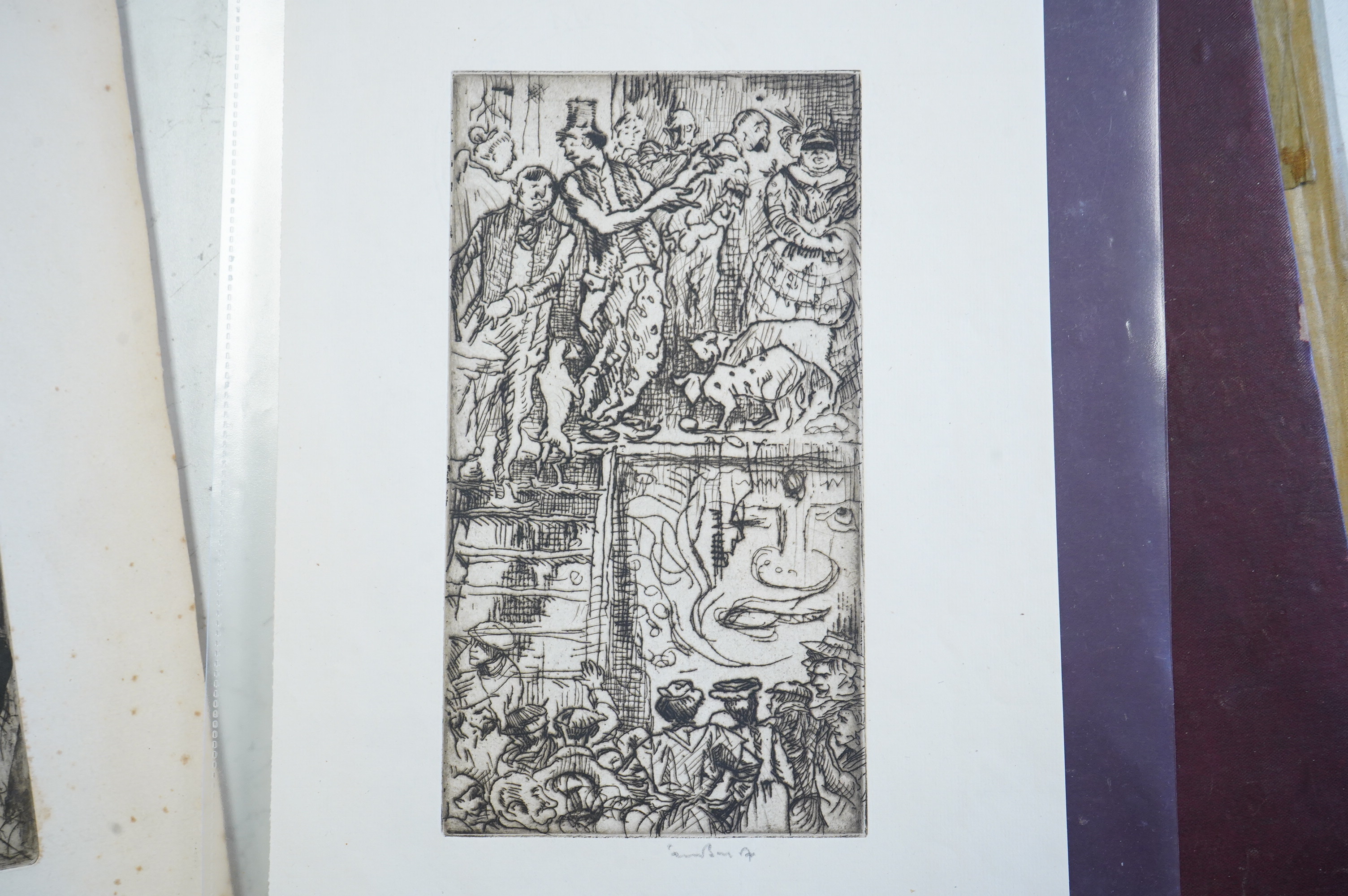 Frank Brangwyn RA RWS RBA (Welsh, 1867-1956), a collection of six etchings and prints, signed in pencil, to include 'The Show' and 'The Beggars', each unframed, largest 40 x 29cm